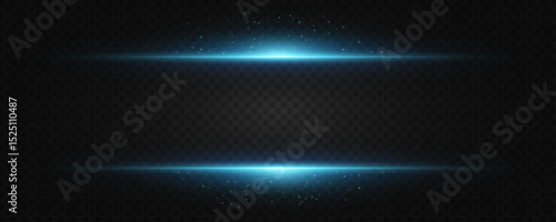 Glowing blue horizontal light frame on a transparent dark background. Sparkles and particle effects for high-tech designs, digital banners, UI overlays or sci-fi elements. Vector illustration.
