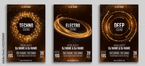 Set of club event flyers. Design uses glowing golden light effects, circular abstract patterns, and futuristic backgrounds for DJ performances and nightclub events. Vector illustration.