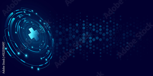 Medical technology background with digital interface elements. Futuristic glowing blue HUD circles with cross symbol and pattern of hexagons on a dark blue backdrop. Vector illustration.
