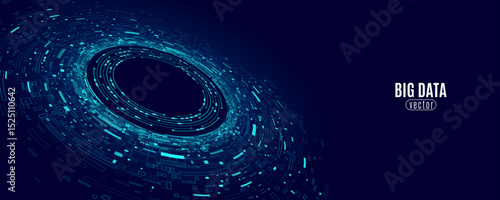 Futuristic circular big data visualization on a dark blue background. Abstract digital technology design with geometric shapes and glowing elements. Vector illustration.