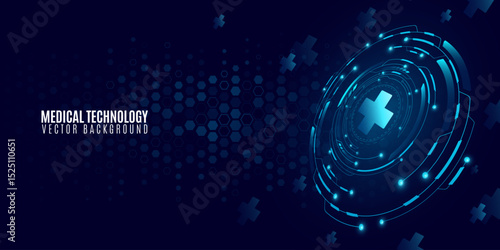 Healthcare medical background with digital interface elements. Glowing blue HUD circles with cross symbol and pattern of hexagons on a dark blue backdrop. Vector illustration.