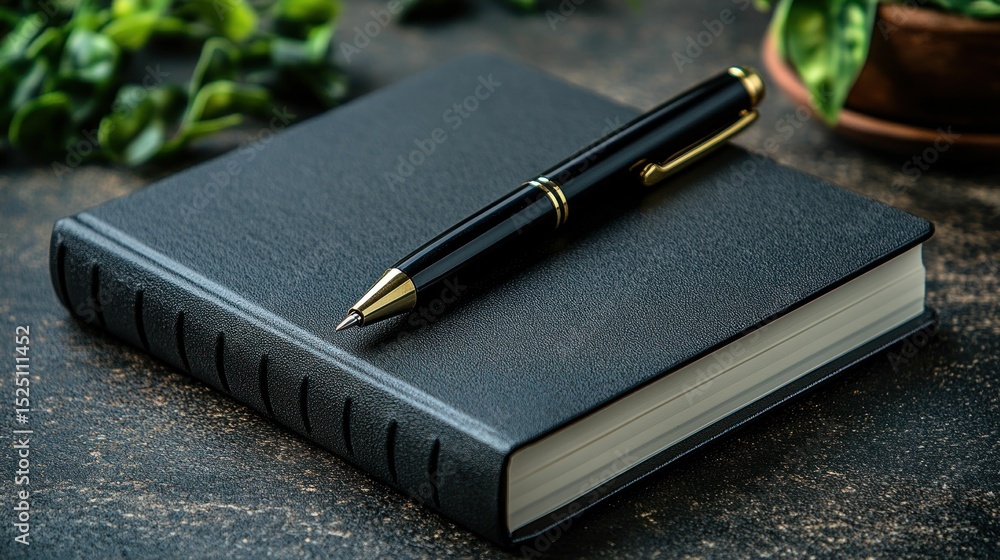 Dark-colored notebook and pen on a textured surface Dark-colored notebook and pen on a textured surface