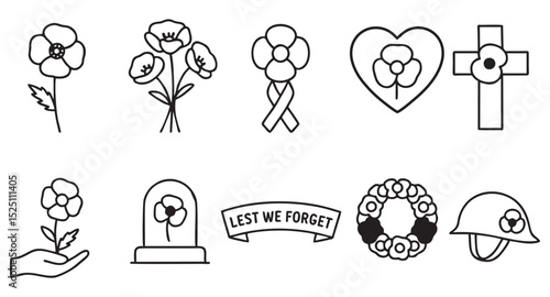 Poppy Flower Memorial Symbols – Outline Icon Set for Veterans and Remembrance