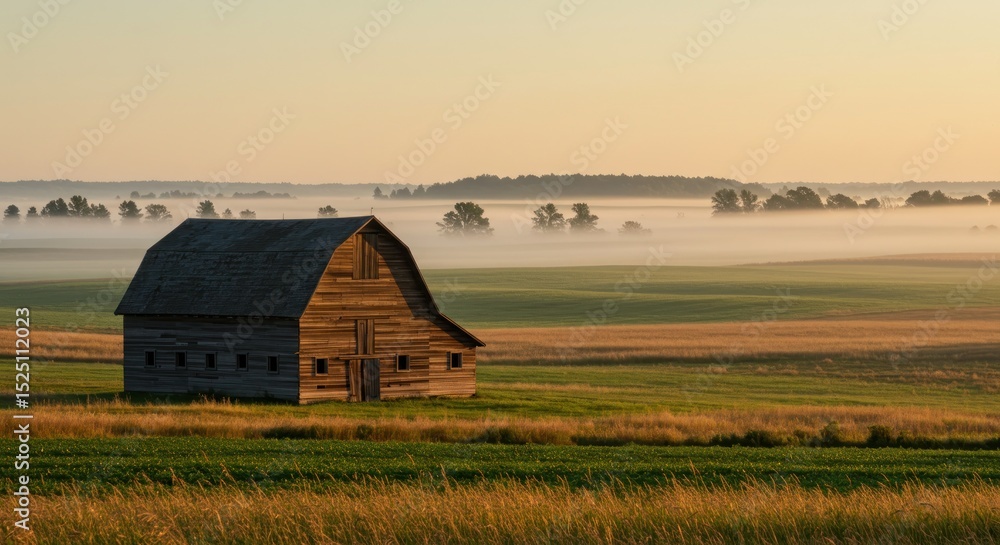 Fototapeta premium Fogveiled fields embrace weathered barn