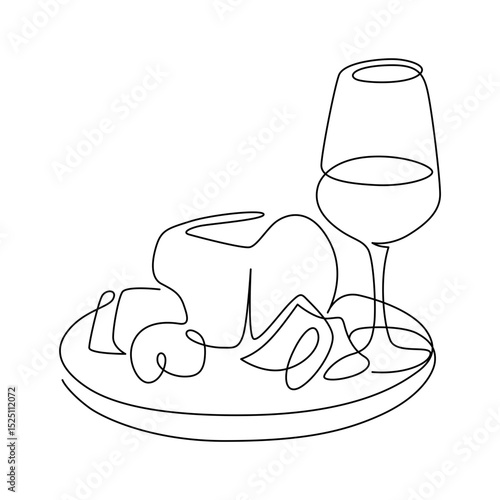 Cheese platter & wine glass line drawing. Hand-drawn cheese board line art. Hand drawn vector illustration with editable stroke. Isolated on transparent background.
