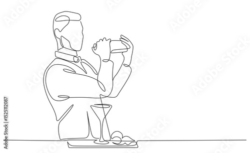 Male bartender making a cocktail line art. Drink shaking line drawing. Hand drawn vector illustration with editable stroke. Isolated on transparent background.