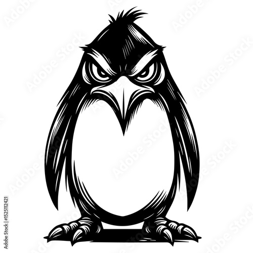 Angry penguin illustration with sharp eyes and claws, bold black and white vector design, fierce bird art for tattoo, shirt or sticker