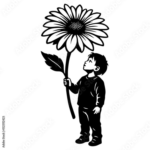 Boy holding giant flower looking up, black and white vector silhouette, poetic child illustration, minimal line art for laser cut, tattoo, print or decor