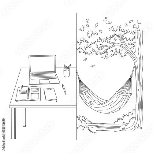 Work-Life Balance Illustration of Home Office and Outdoor Hammock Scene for Lifestyle Blogs, Wellness Websites, Mental Health Articles, and Personal Development Content