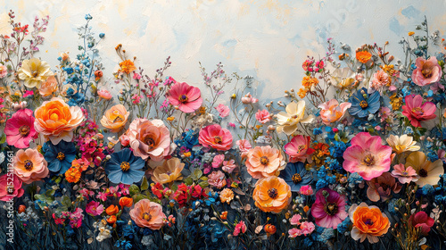 A pristine white backdrop, canvassed with a vibrant tapestry of organic, abstract floral blooms in shades of pink, blue, and yellow, ready to be adorned with a message of love and joy 