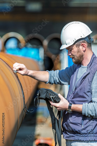 Inspector is checking welds with ultrasonic test method. It is a family of non-destructive testing techniques based on the propagation of ultrasonic waves in the object or material tested.