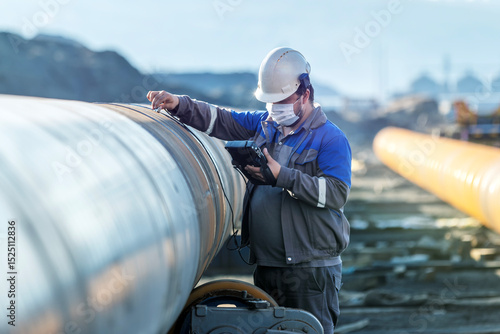 Inspector is checking welds with ultrasonic test method. It is a family of non-destructive testing techniques based on the propagation of ultrasonic waves in the object or material tested.