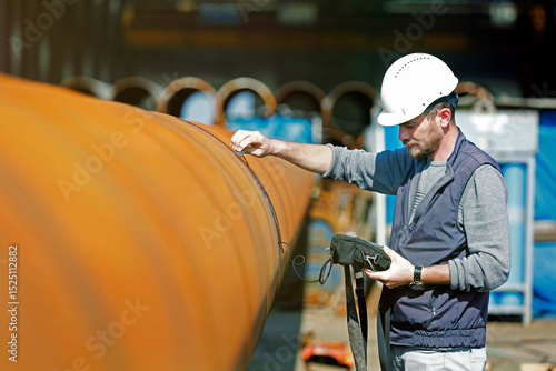 Inspector is checking welds with ultrasonic test method. It is a family of non-destructive testing techniques based on the propagation of ultrasonic waves in the object or material tested.