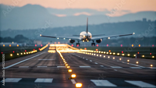 Close-up of airport runway with glowing landing lights at dusk, shallow depth of field, motion blur effect, travel and transportation concept.	