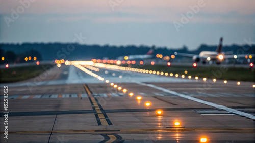 Close-up of airport runway with glowing landing lights at dusk, shallow depth of field, motion blur effect, travel and transportation concept.	