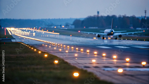 Close-up of airport runway with glowing landing lights at dusk, shallow depth of field, motion blur effect, travel and transportation concept.	