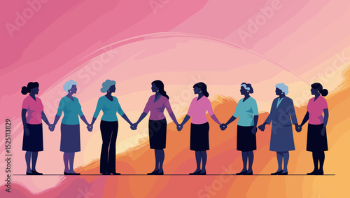 Diverse group of women standing together holding hands with empowerment on an abstract gradient background