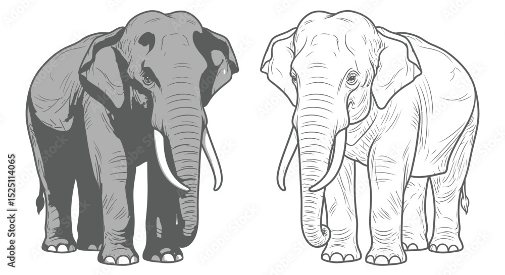 Fototapeta premium Asian Elephant Coloring Sheet Featuring Full Color and Clean Line Art for Young Learners