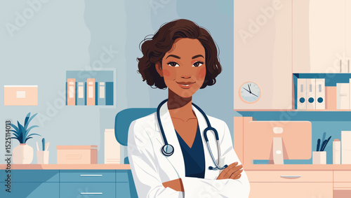 Confident female doctor smiling in a medical office with a stethoscope and professional attire