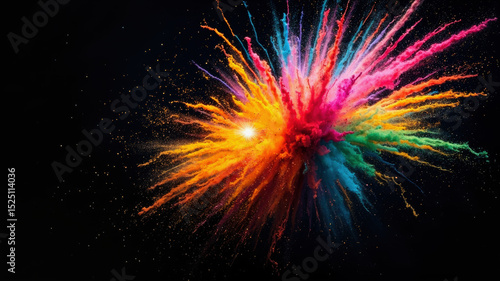 Bright colors burst into a dramatic explosion, filling the air with vibrant hues in a dark setting. This captivating display often occurs during festivals and celebrations