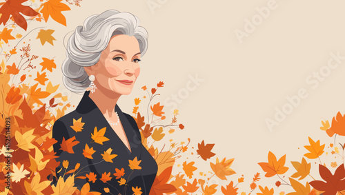 Elegant elderly woman with gray hair surrounded by autumn leaves, exuding grace and wisdom in a portrait