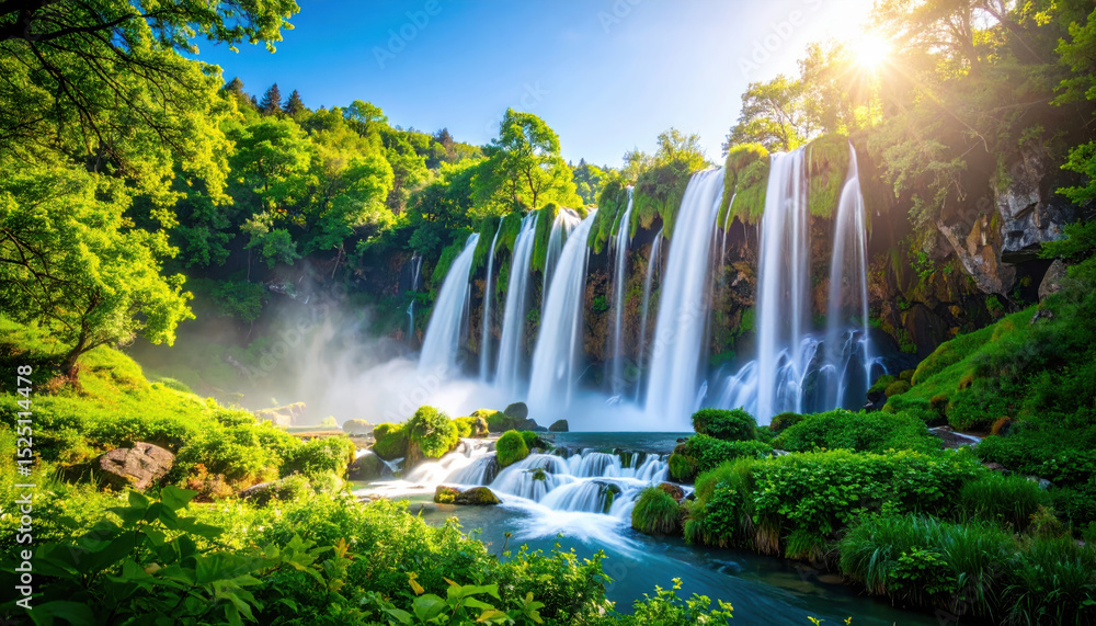 Obraz premium Majestic Waterfall Cascading Through Lush Green Forest with Sunlight Streaming Through Trees, Highlighting Natural Beauty and Tranquility