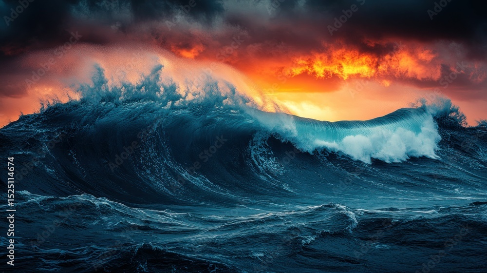Fototapeta premium Dramatic ocean waves crashing at fiery sunset
