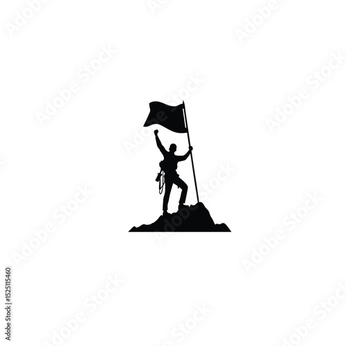 Silhouette of a mountain climber reaching the summit with a flag on white background