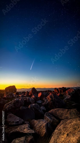 Comet streaking across night sky with glowing horizon and foreground of large rocks on a landscape.
