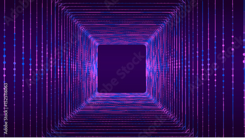 Technology wireframe square tunnel on blue background. Futuristic 3D wormhole grid. Big data visualization. Vector illustration.