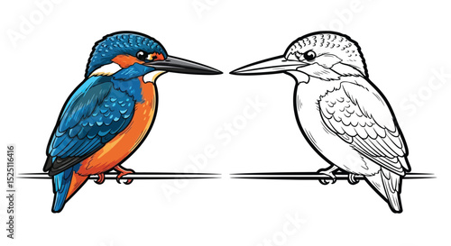 Common Kingfisher Coloring Page with Realistic Colored and Detailed Outline Views