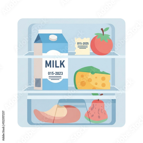 Open fridge with food and with expired products – represents storage or food safety.