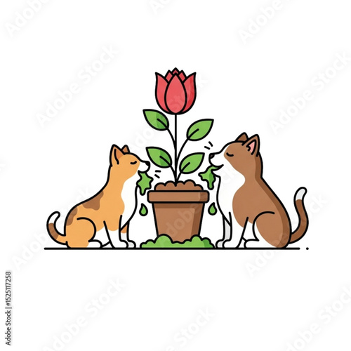 Cats sniffing flowers – captures curiosity and calm moment.