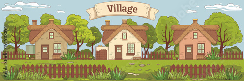 Cozy rural village illustration with cottages, trees, fences, and “Village” text