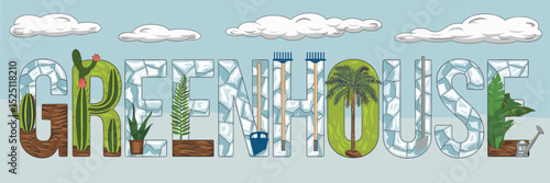 Greenhouse text with plants and gardening tools – Great for eco branding, gardening blogs, or educational materials
