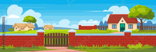 Countryside scene with white cottage, red brick fence, and green garden