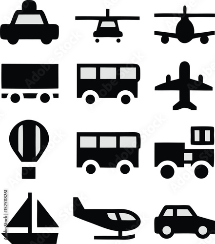 
This image displays a grid of black silhouette icons representing various modes of transportation, including land, sea, and air vehicles