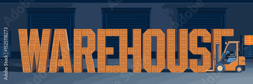 Crate-styled "Warehouse" illustration with forklifts and doors – Suitable for storage branding, business logistics, or industrial-themed content.