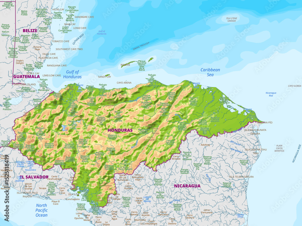 Obraz premium Detailed physical map of Honduras