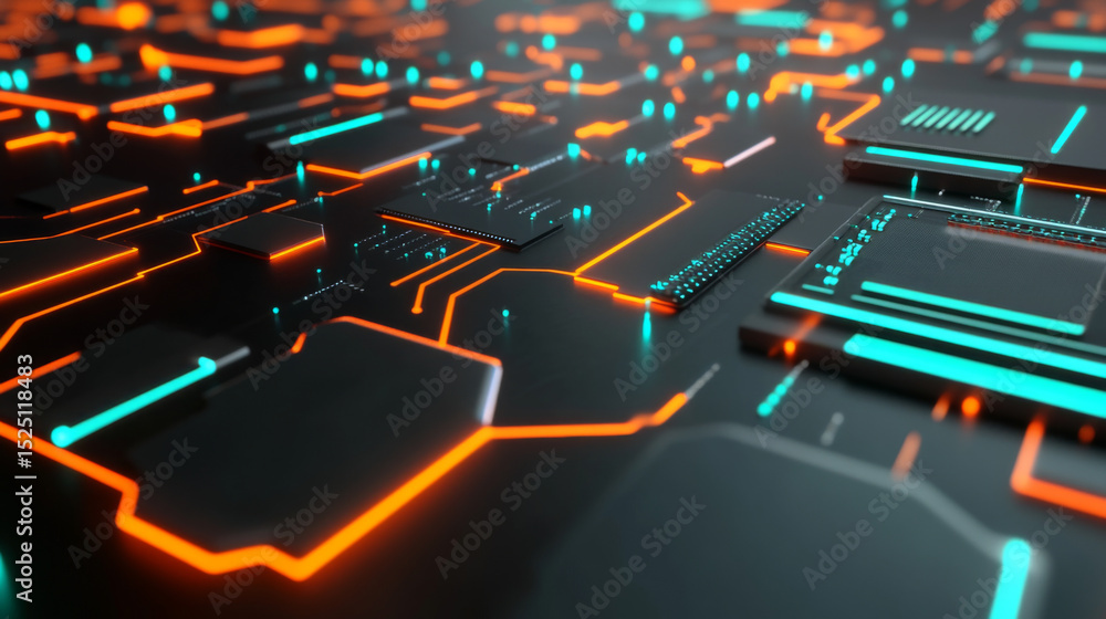 Fototapeta premium Futuristic circuit board with glowing lines and patterns, technology background