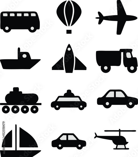 
This image displays a grid of black silhouette icons representing various modes of transportation, including land, sea, and air vehicles