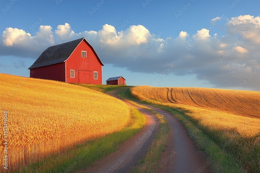 Red barn on a golden hill at sunset Red barn on a golden hill at sunset