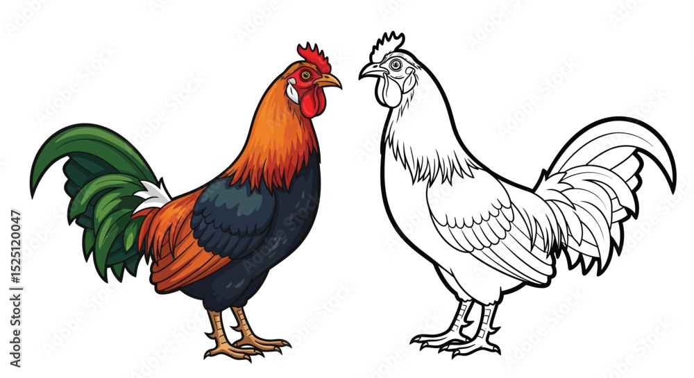 Fototapeta premium Red Junglefowl Coloring Page Presenting Colored and Outline Bird Illustrations