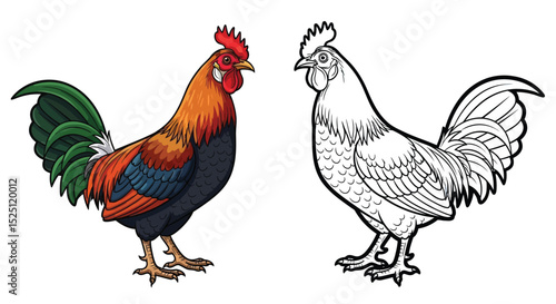 Red Junglefowl Coloring Page with Colored and Outline Chickens for Wildlife Art