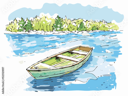 Rowboat floating on calm water with green trees in background  