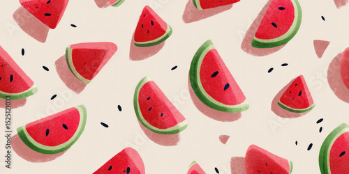 Colorful watermelon slices banner with seeds on a light background for summer designs