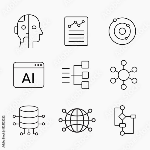 Minimalist outline icons of artificial intelligence, data neural networks and digital systems, perfect for tech and innovation projects