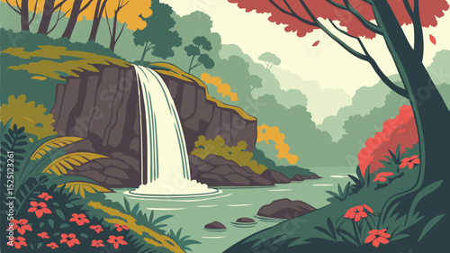 Serene Waterfall Landscape Illustration Tranquil Nature Scenery Vector Art