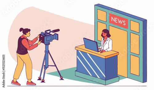 colorfull scene A Cameramen and correspondent woman reporting latest news at newcast studio. On air journalist people. TV streaming, reportage, program. Breaking news, television studio set.  