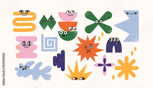 Abstract cartoon characters with faces in retro doodle style. Fun geometric shapes with eyes: zigzags, stars, blobs, arrows, plants. Creative funky face icons with playful expressions.